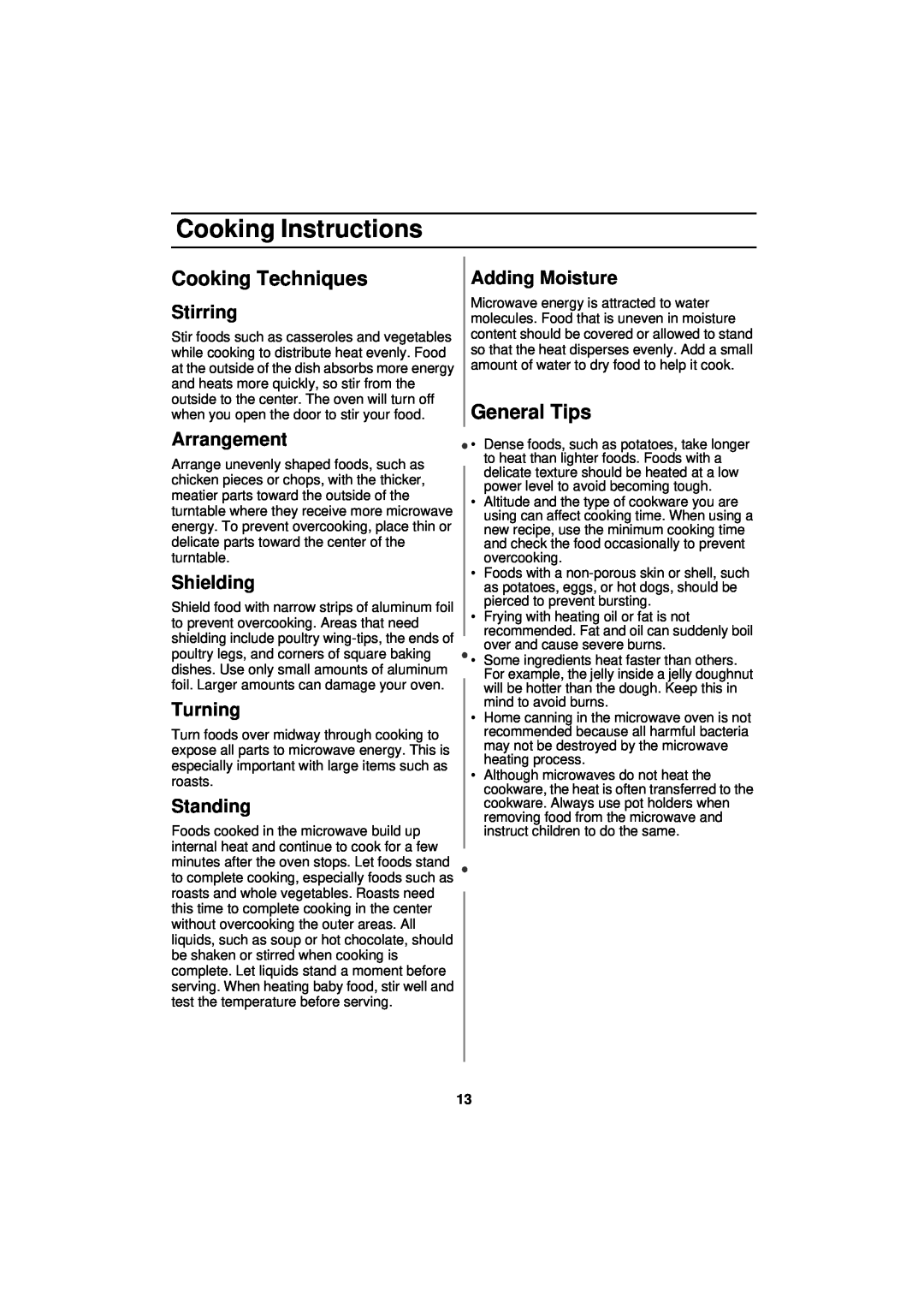 Samsung DE68-01931A-01 manual Cooking Techniques, General Tips, Stirring, Arrangement, Shielding, Turning, Standing 