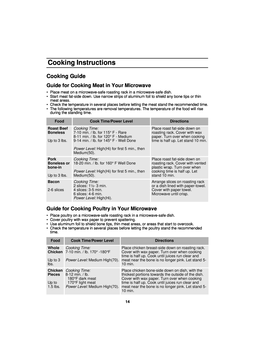 Samsung DE68-01931A-01 Cooking Guide, Guide for Cooking Meat in Your Microwave, Cooking Instructions, Cooking Time, slices 