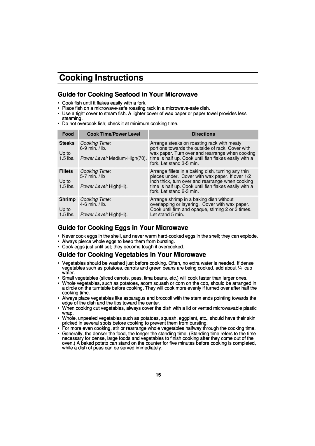 Samsung DE68-01931A-01 Guide for Cooking Seafood in Your Microwave, Guide for Cooking Eggs in Your Microwave, Cooking Time 