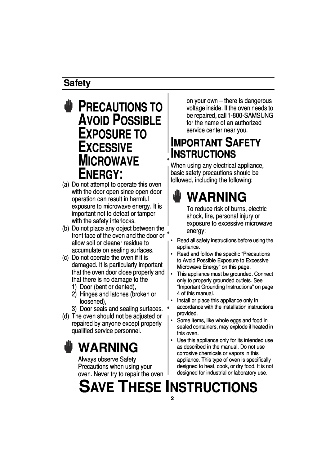 Samsung DE68-01931A-01 manual Save These Instructions, Precautions To Avoid Possible, Important Safety Instructions 