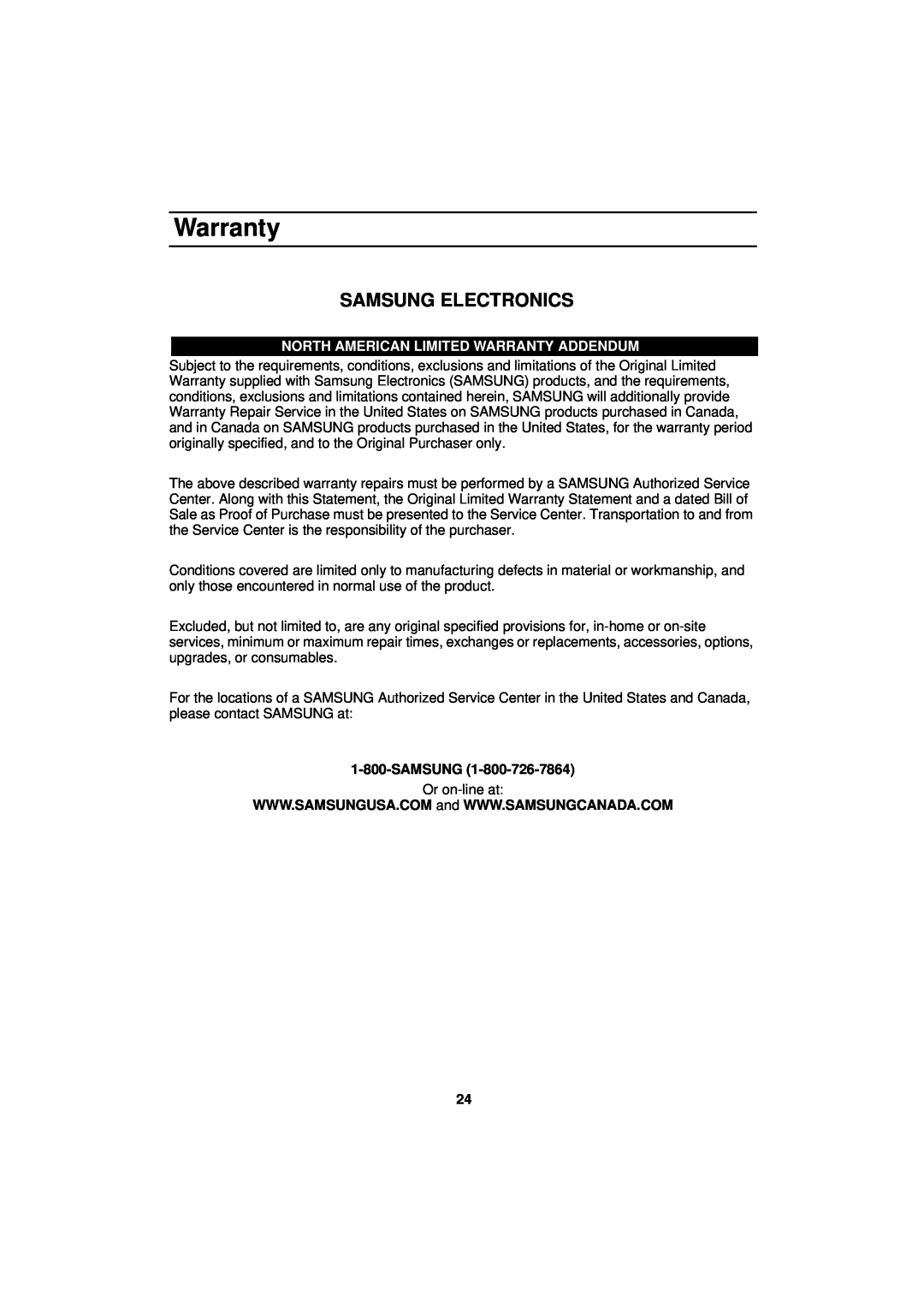 Samsung DE68-01931A-01 manual Samsung Electronics, North American Limited Warranty Addendum 