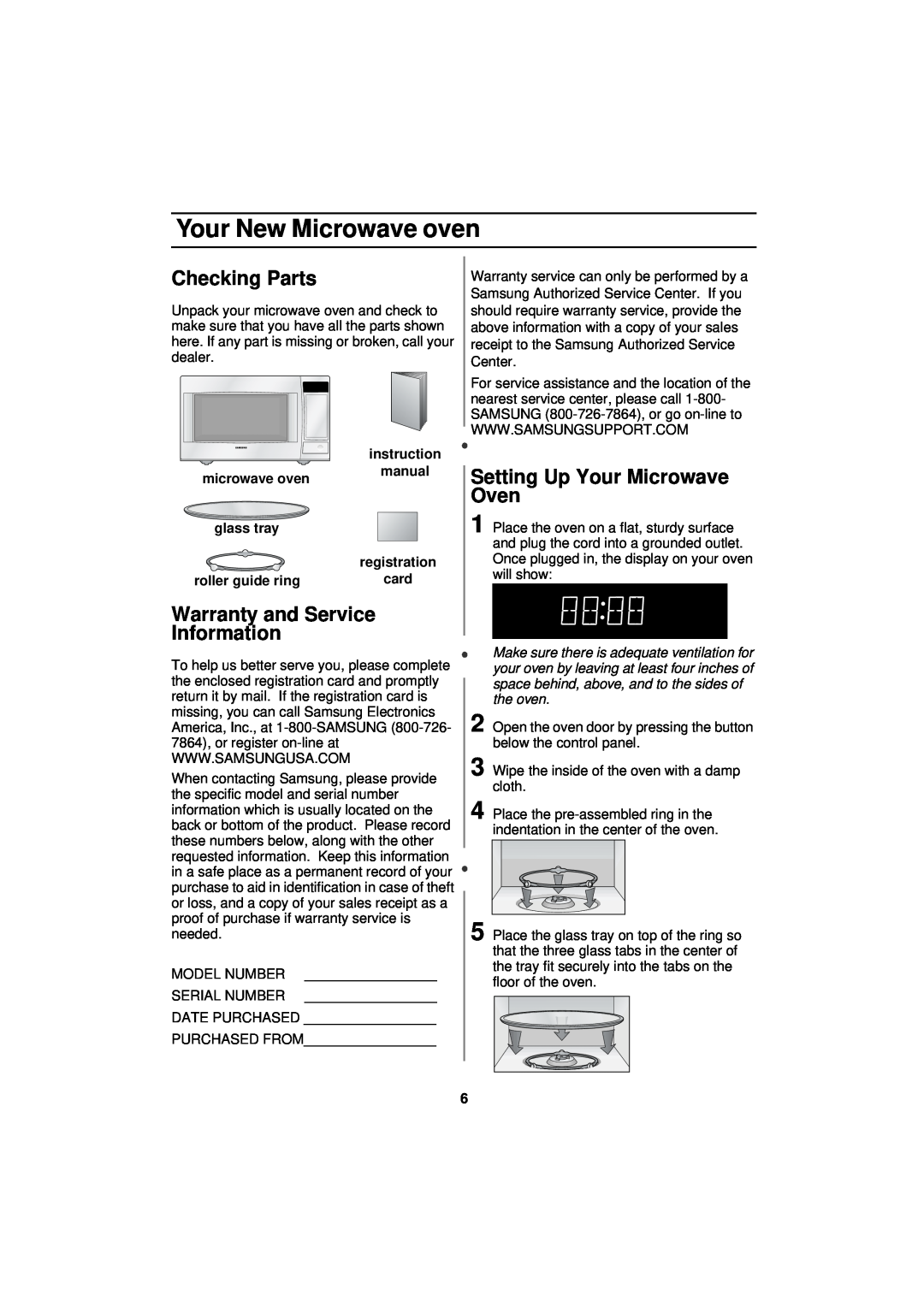 Samsung DE68-01931A-01 manual Your New Microwave oven, Checking Parts, Warranty and Service Information 