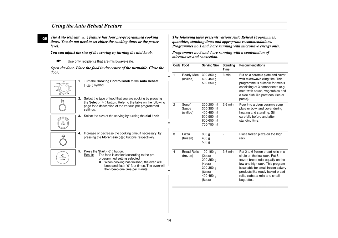 Samsung DE68-02258E Using the Auto Reheat Feature, Turn the Cooking Control knob to the Auto Reheat 