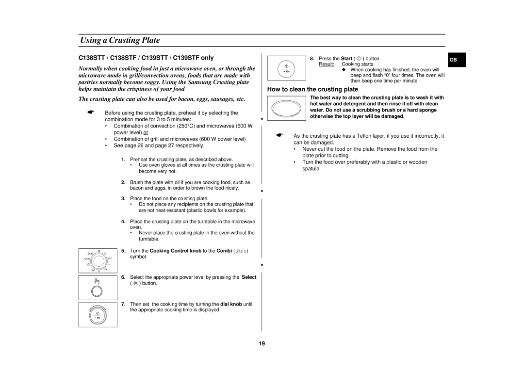 Samsung DE68-02258E technical specifications Using a Crusting Plate, Turn the Cooking Control knob to the Combi symbol 