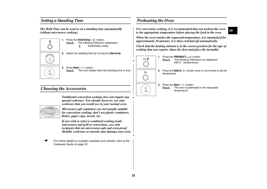 Samsung DE68-02258E technical specifications Setting a Standing Time Preheating the Oven, Choosing the Accessories 