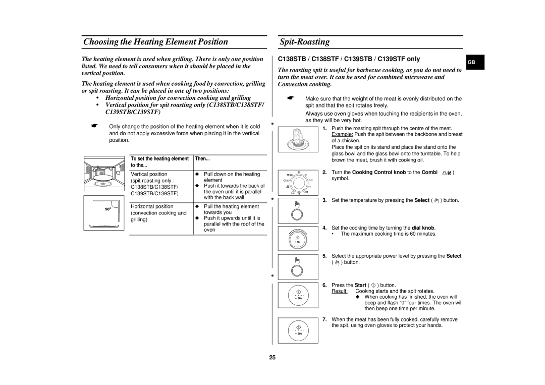 Samsung DE68-02258E technical specifications Choosing the Heating Element Position, Spit-Roasting 