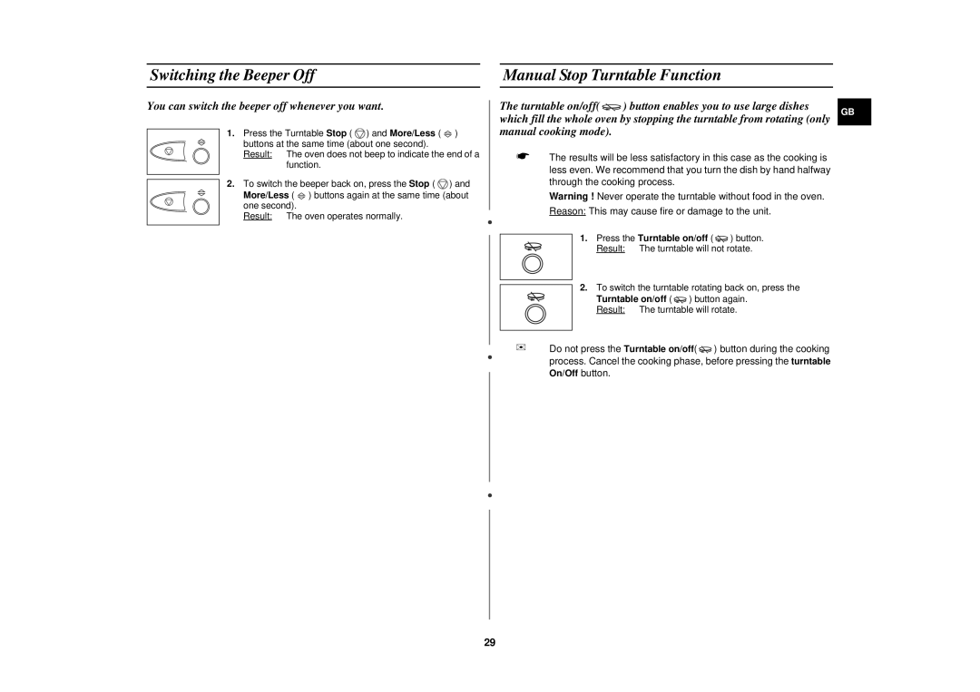 Samsung DE68-02258E technical specifications Switching the Beeper Off Manual Stop Turntable Function 