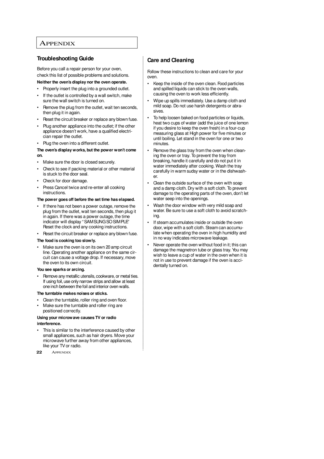 Samsung DE68-02846A owner manual Troubleshooting Guide, Care and Cleaning 