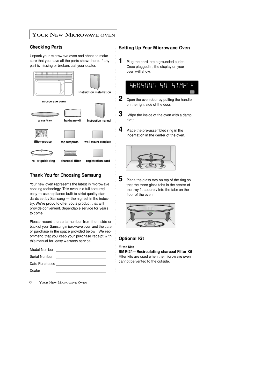 Samsung DE68-02846A Checking Parts, Setting Up Your Microwave Oven, Thank You for Choosing Samsung, Optional Kit 