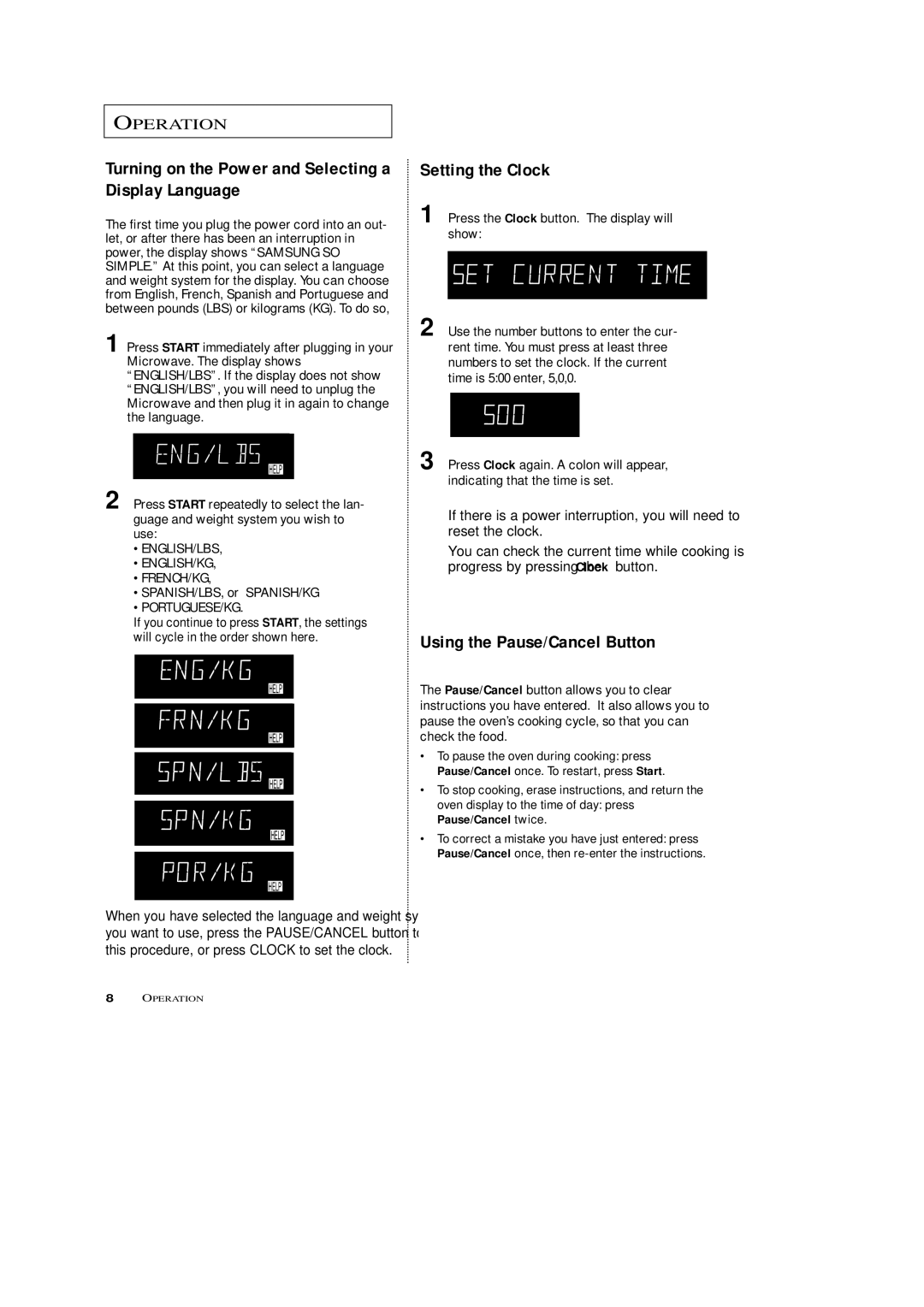 Samsung DE68-02846A Turning on the Power and Selecting a Display Language, Setting the Clock, SPANISH/LBS, or SPANISH/KG 