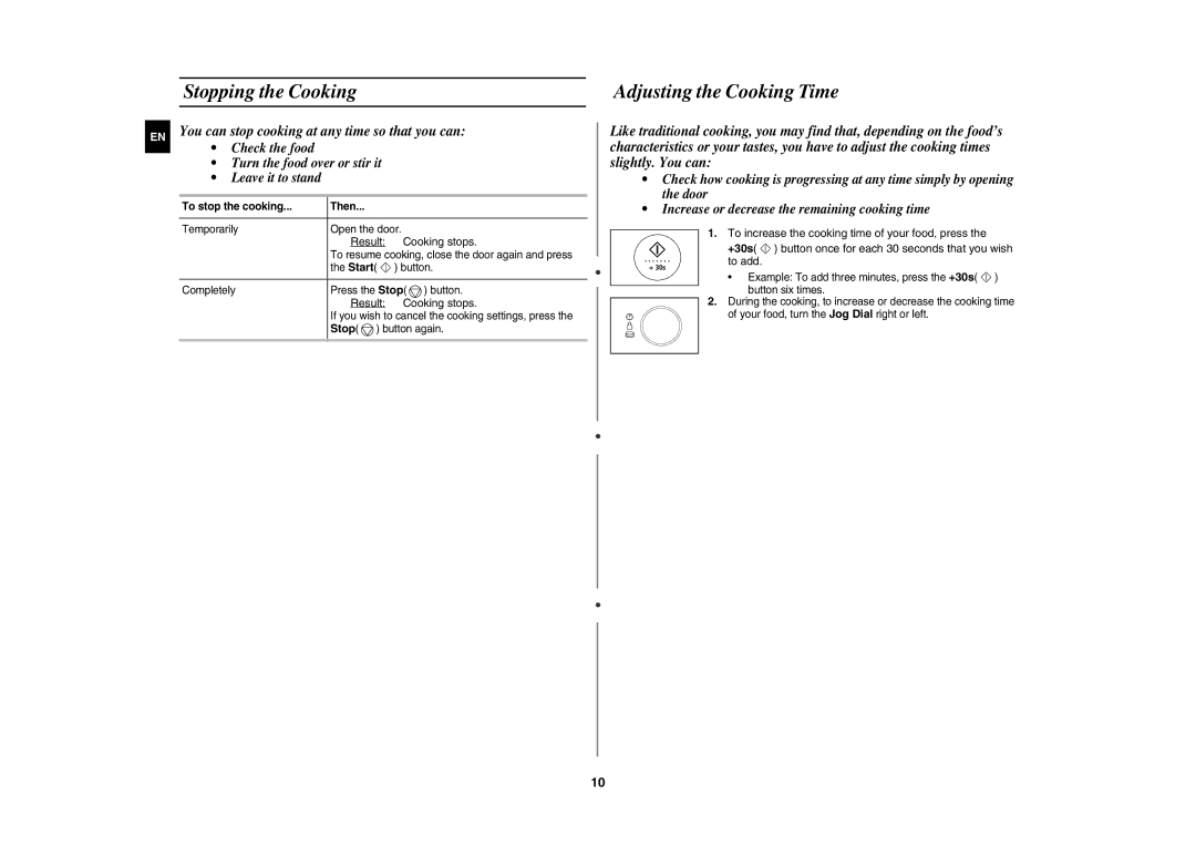 Samsung DE68-03064R Stopping the Cooking, Adjusting the Cooking Time, Result Cooking stops, To stop the cooking Then 