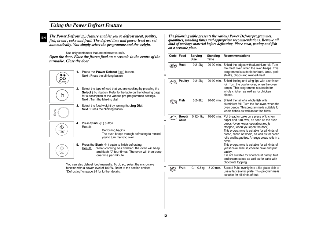 Samsung DE68-03064R Using the Power Defrost Feature, Press the Power Defrost button, Result, Serving, Size 