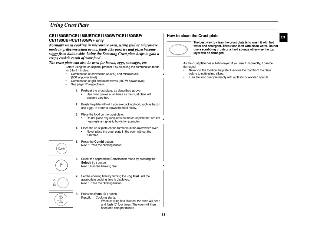 Samsung DE68-03064R technical specifications Using Crust Plate, Preheat the crust plate, as described above 