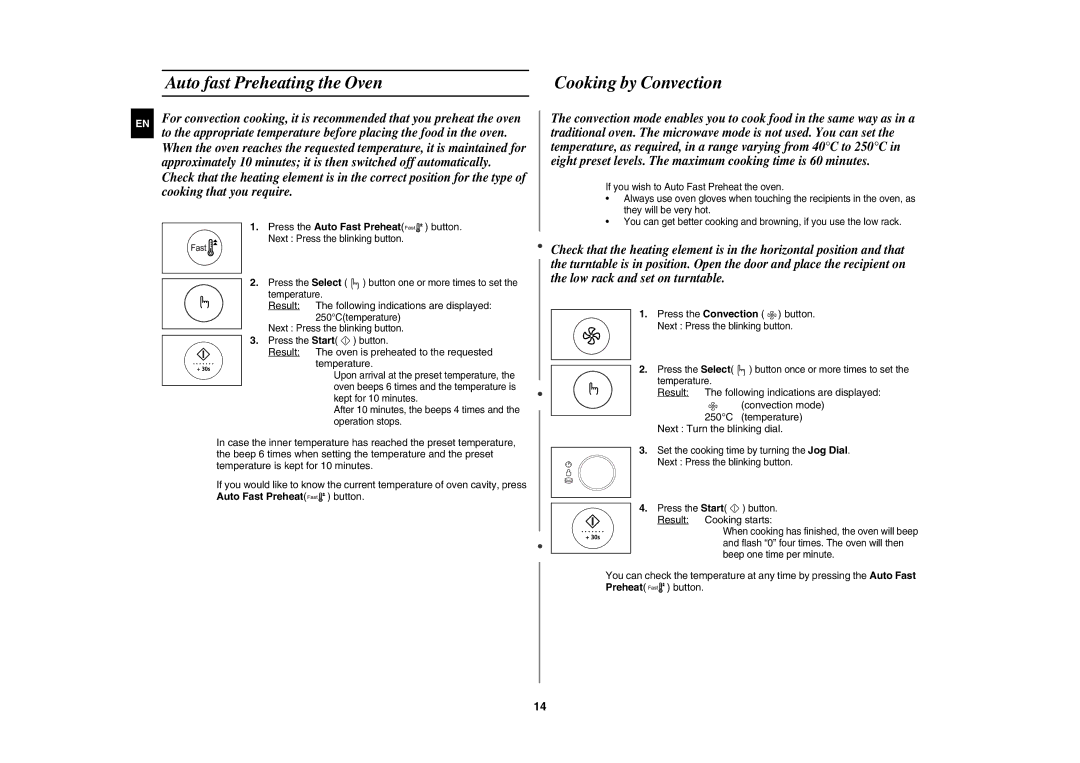 Samsung DE68-03064R Auto fast Preheating the Oven, Cooking by Convection, Press the Auto Fast Preheat button 