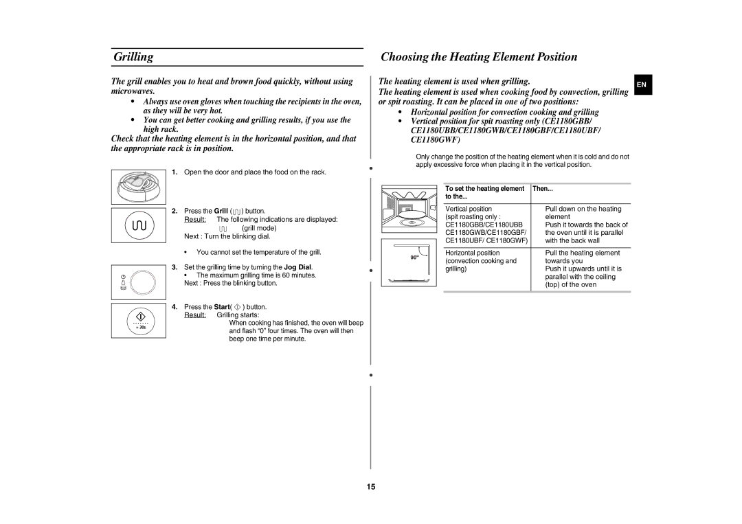 Samsung DE68-03064R technical specifications Grilling, Choosing the Heating Element Position 