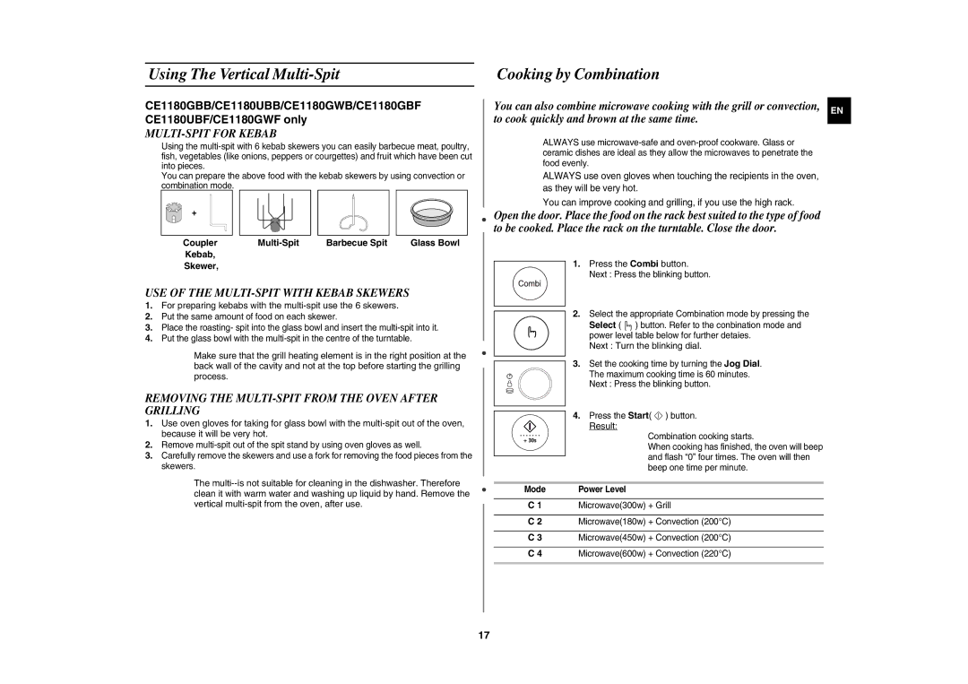 Samsung DE68-03064R technical specifications Using The Vertical Multi-Spit, Cooking by Combination, MULTI-SPIT for Kebab 