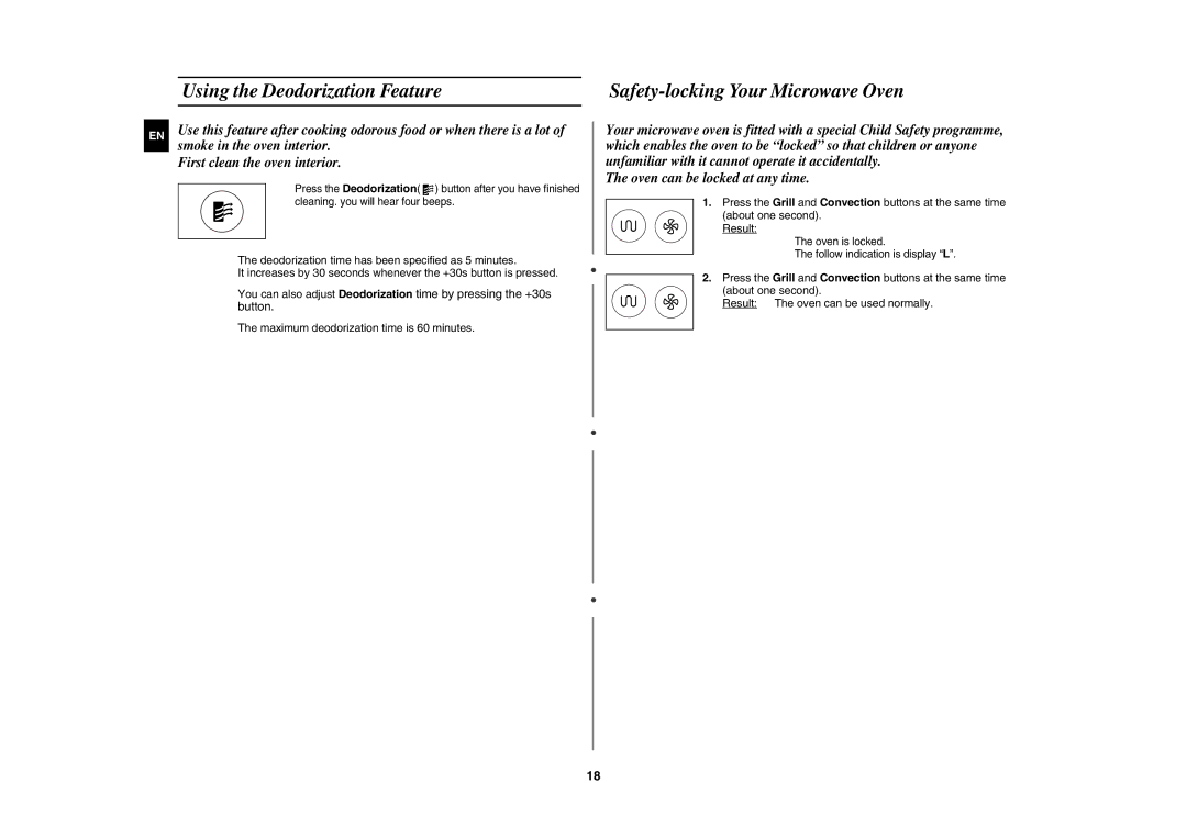 Samsung DE68-03064R technical specifications Using the Deodorization Feature, Safety-locking Your Microwave Oven 