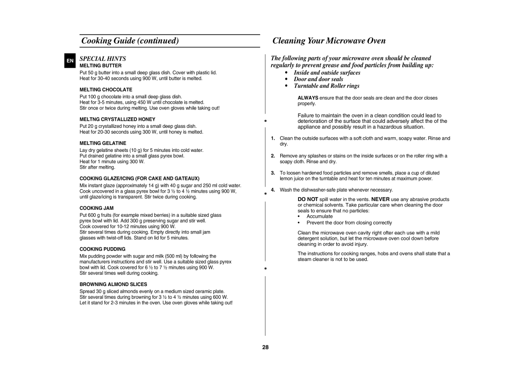 Samsung DE68-03064R technical specifications Cleaning Your Microwave Oven, EN Special Hints 