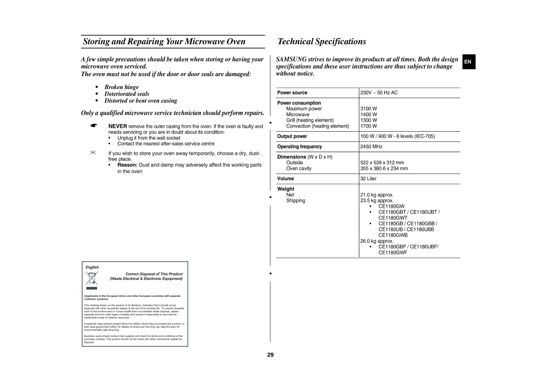 Samsung DE68-03064R Storing and Repairing Your Microwave Oven, Technical Specifications, Dimensions W x D x H, Weight 