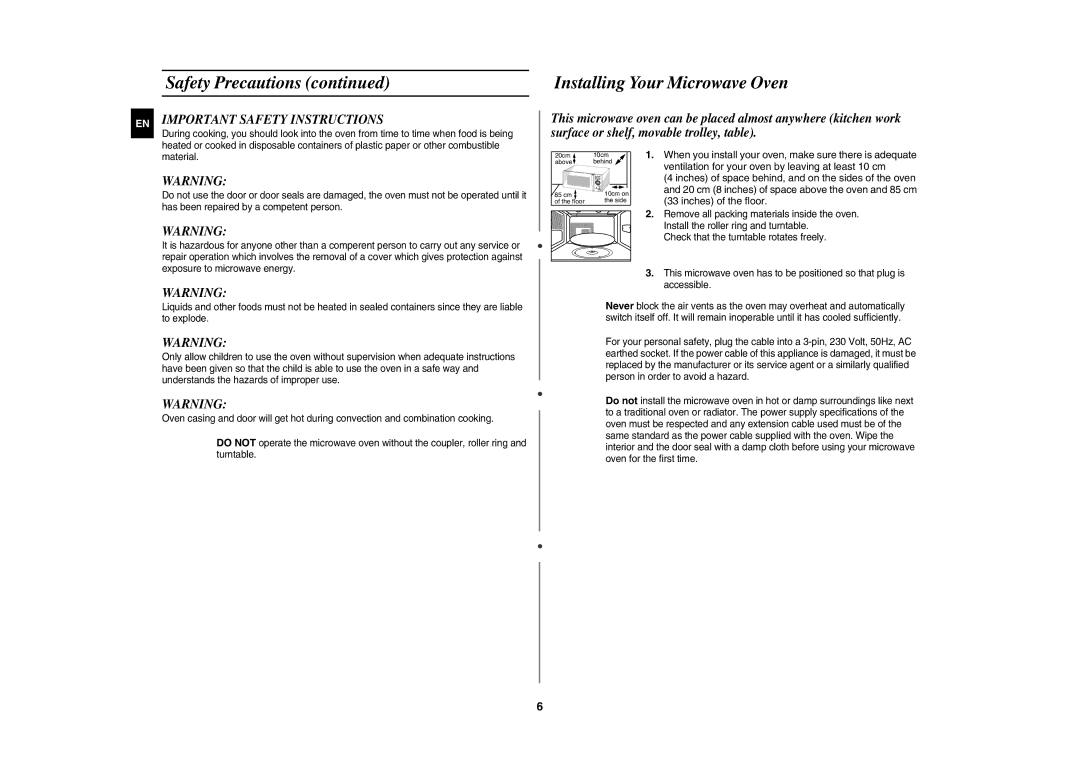 Samsung DE68-03064R technical specifications Installing Your Microwave Oven 