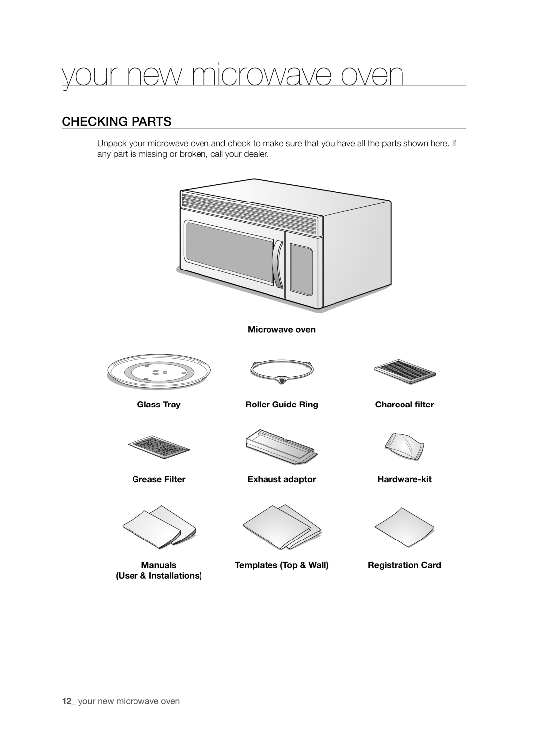 Samsung DE68-03267F-01 user manual Your new microwave oven, Checking parts 