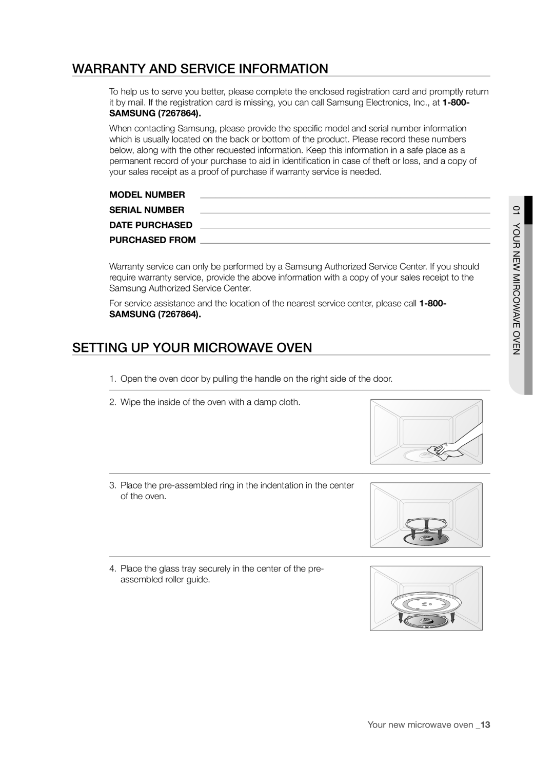 Samsung DE68-03267F-01 user manual Warranty and Service Information, Setting up your Microwave Oven, Samsung 