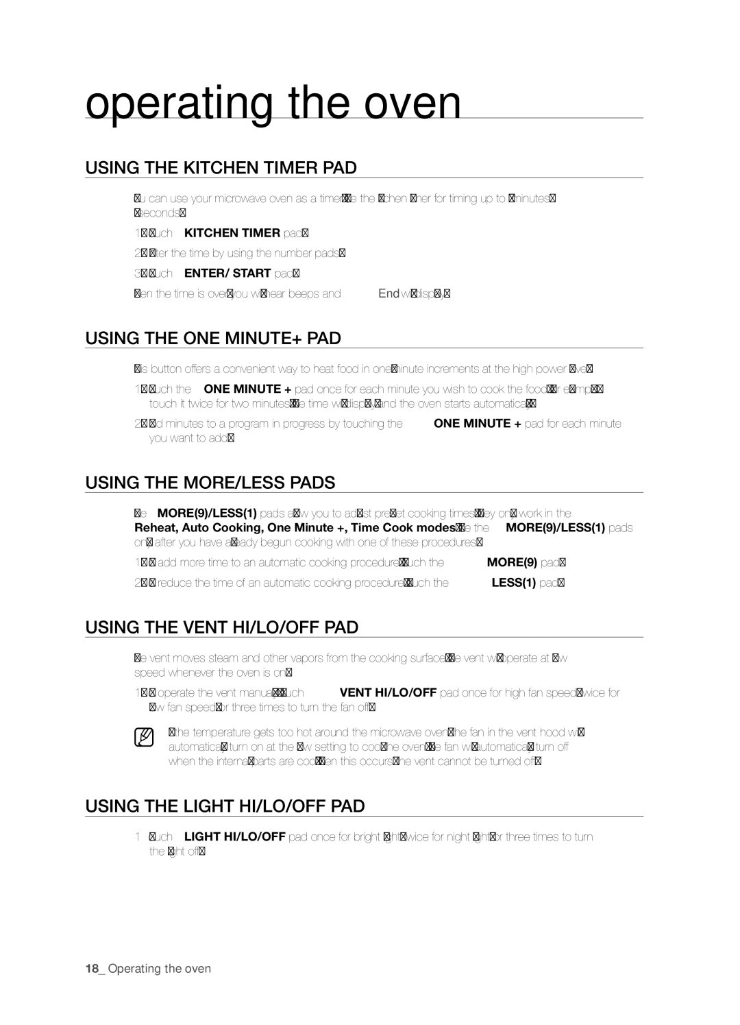 Samsung DE68-03267F-01 user manual Operating the oven 