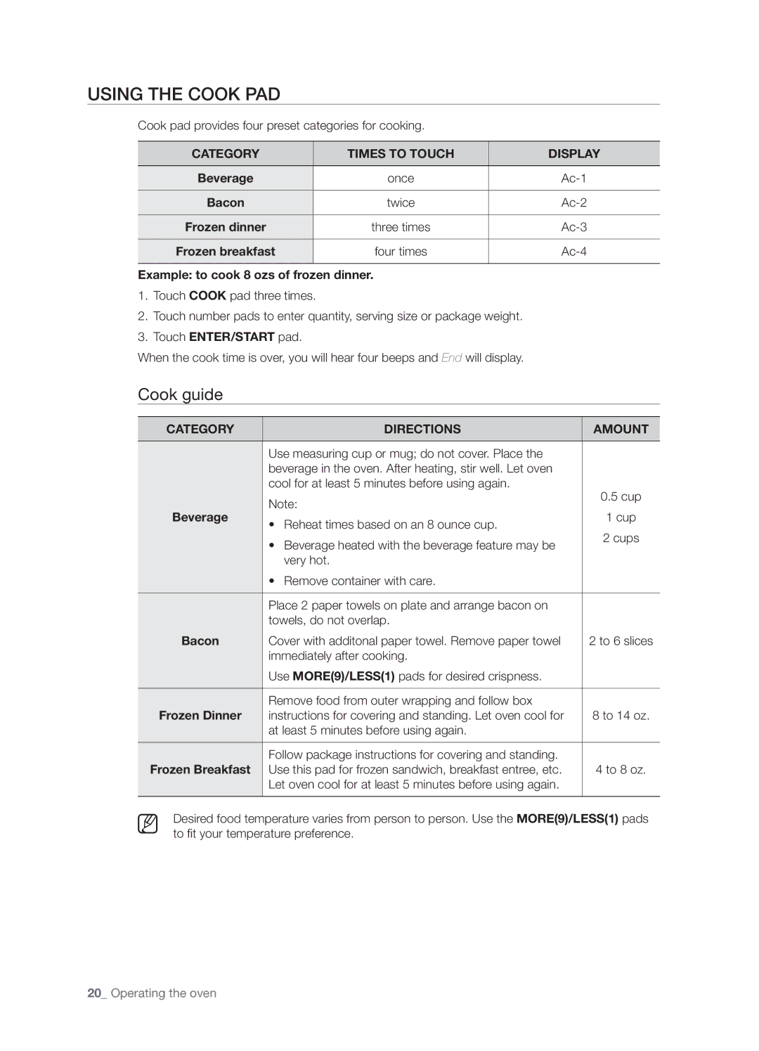 Samsung DE68-03267F-01 user manual Using the cook pad, Cook guide, Category Times to Touch Display 