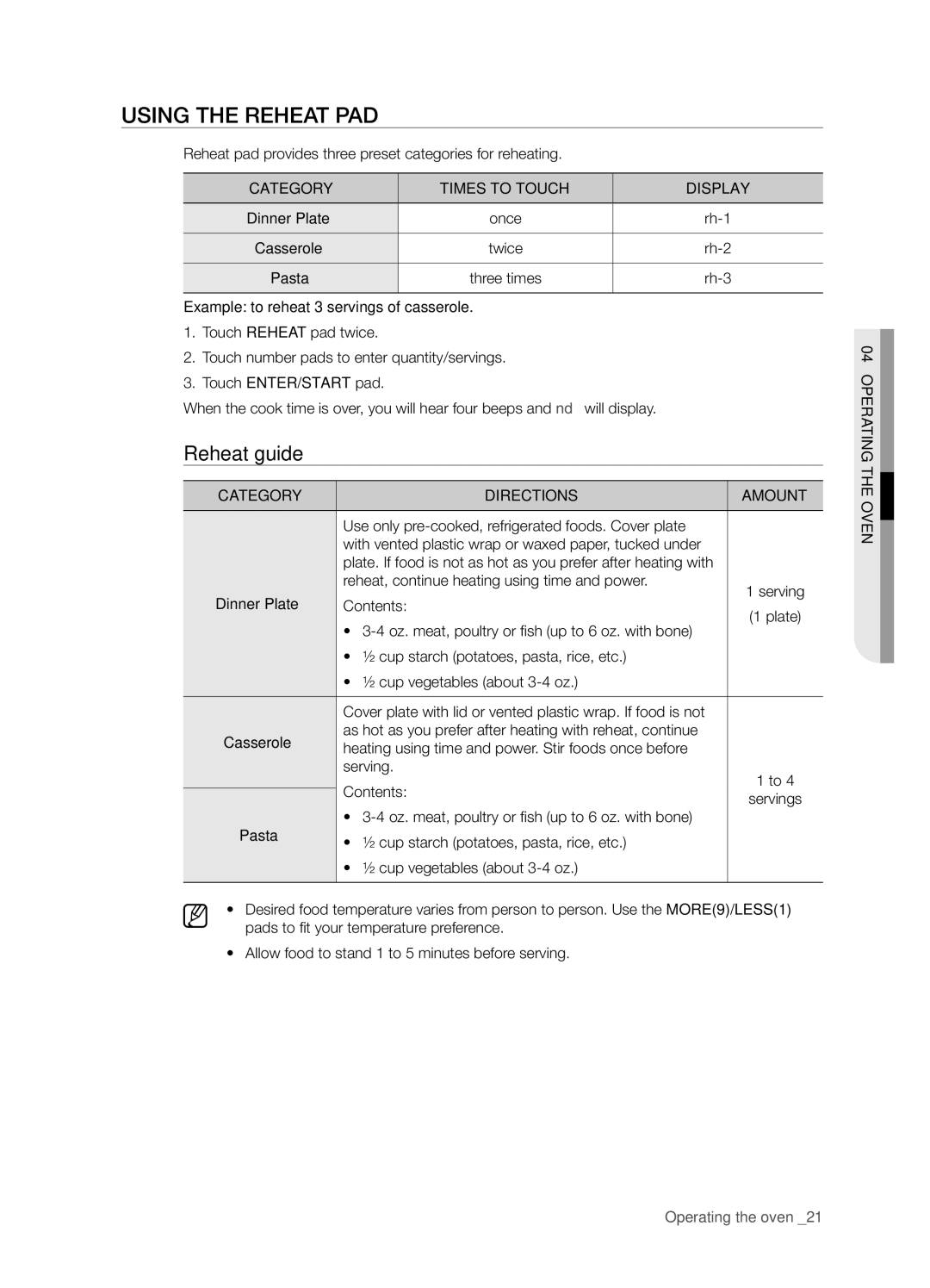 Samsung DE68-03267F-01 user manual Using the reheat pad, Reheat guide 