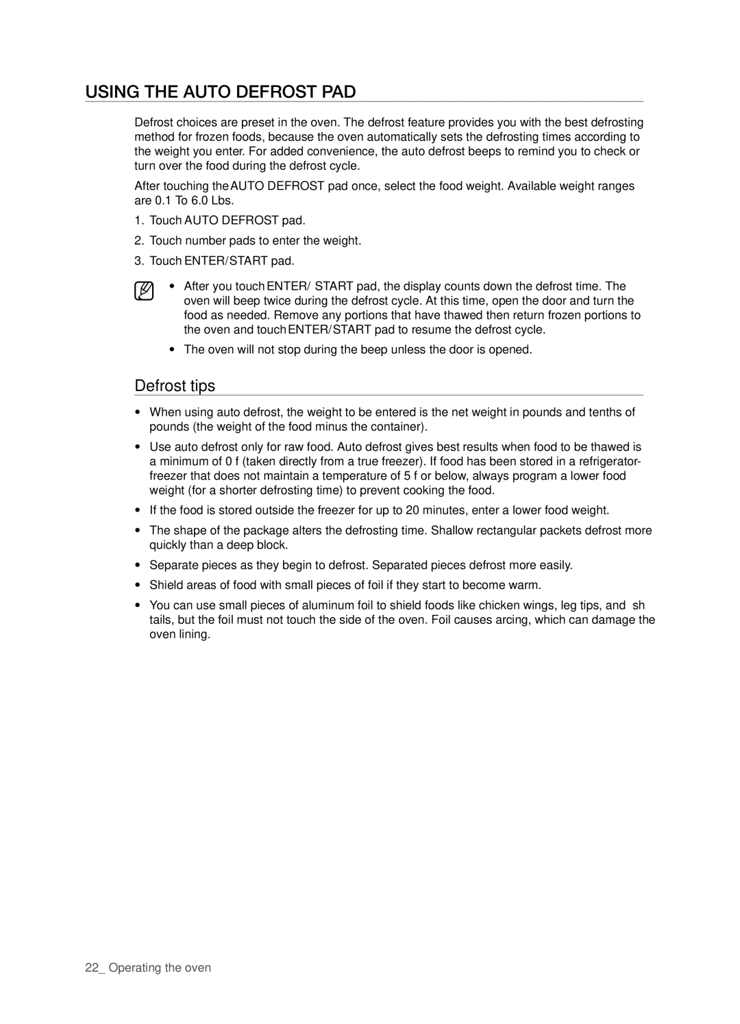 Samsung DE68-03267F-01 user manual Using the auto defrost pad, Defrost tips 