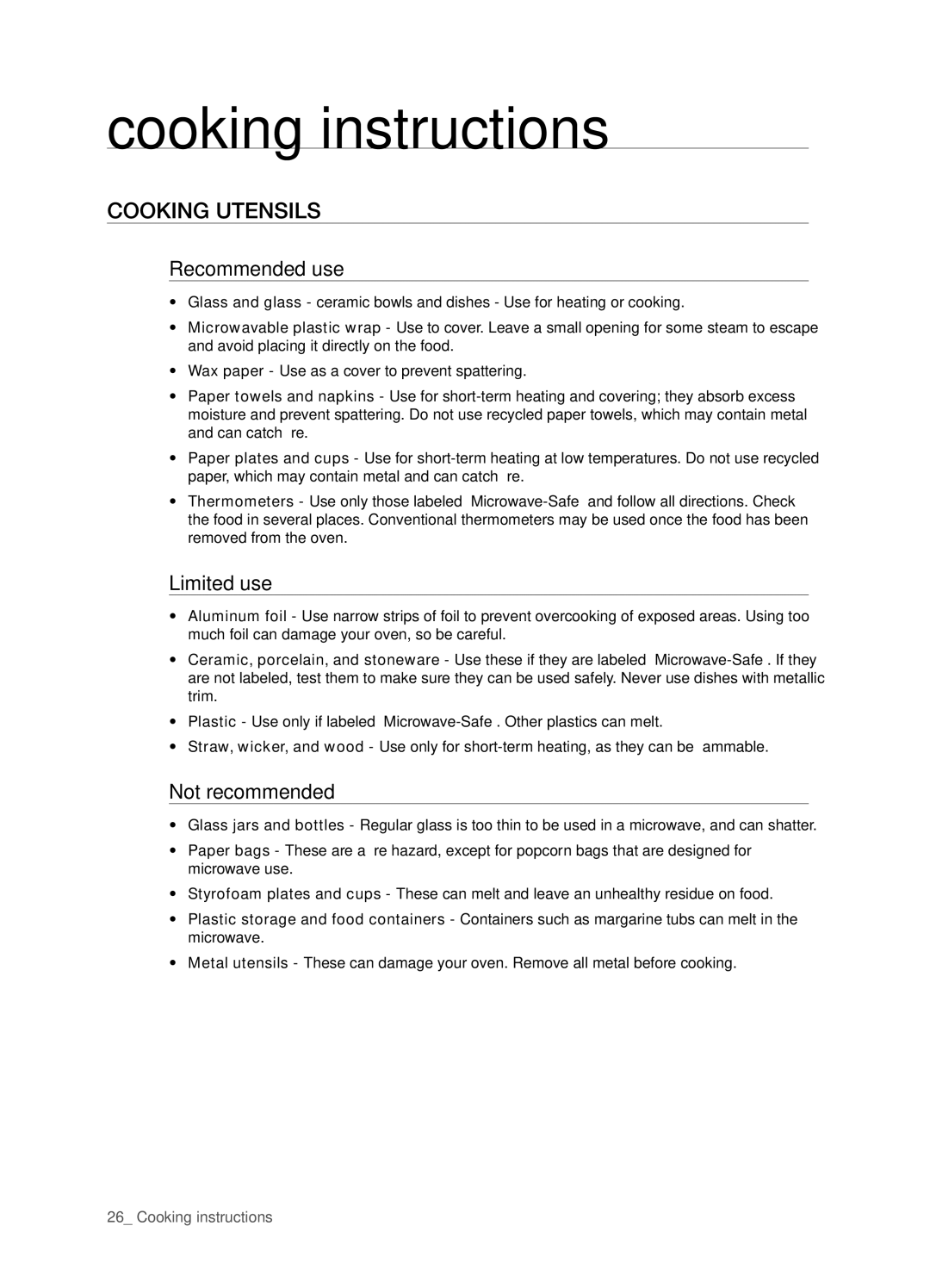 Samsung DE68-03267F-01 user manual Cooking instructions, Cooking utensils, Recommended use, Limited use, Not recommended 