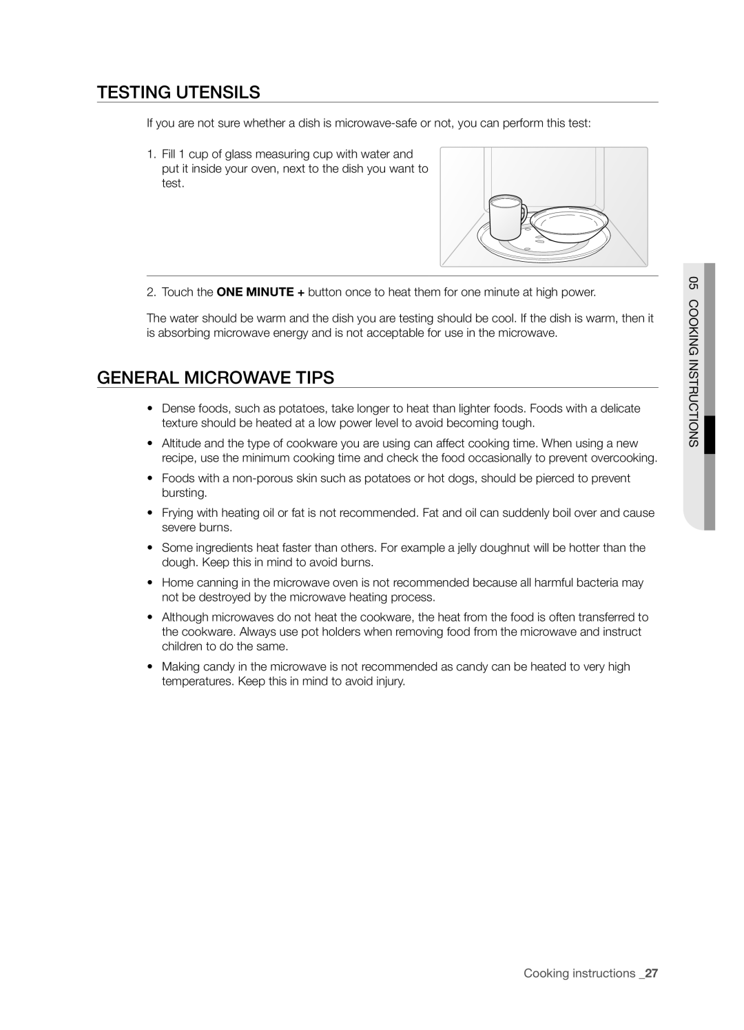 Samsung DE68-03267F-01 user manual Testing utensils, General microwave tips 