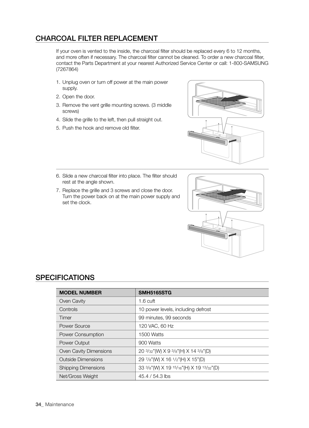 Samsung DE68-03267F-01 user manual Charcoal filter replacement, Specifications, Model Number SMH5165STG 