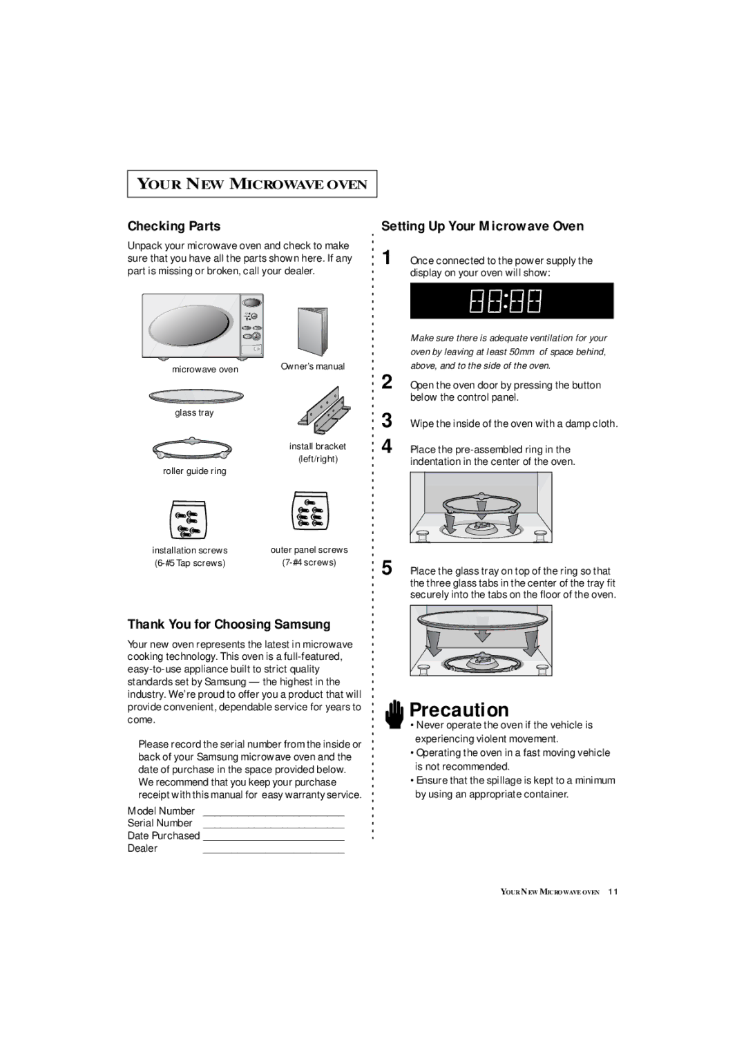 Samsung DE7711N owner manual Checking Parts, Setting Up Your Microwave Oven 