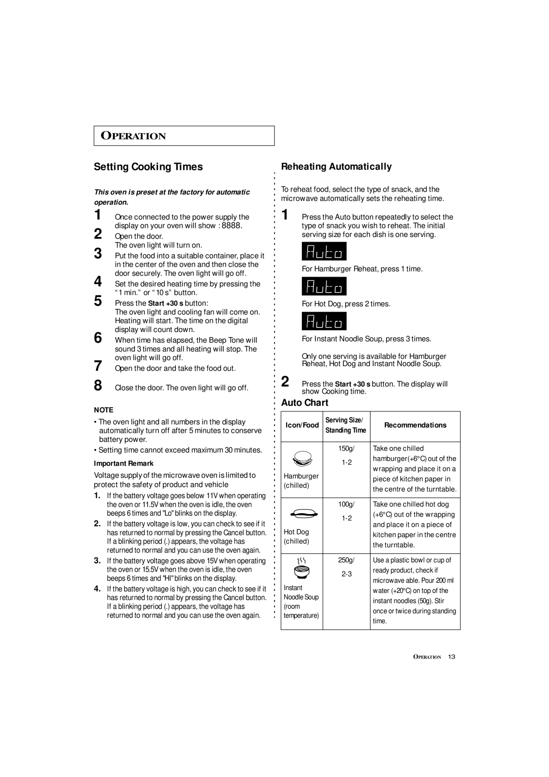 Samsung DE7711N owner manual Reheating Automatically, Auto Chart, Important Remark, Icon/Food 