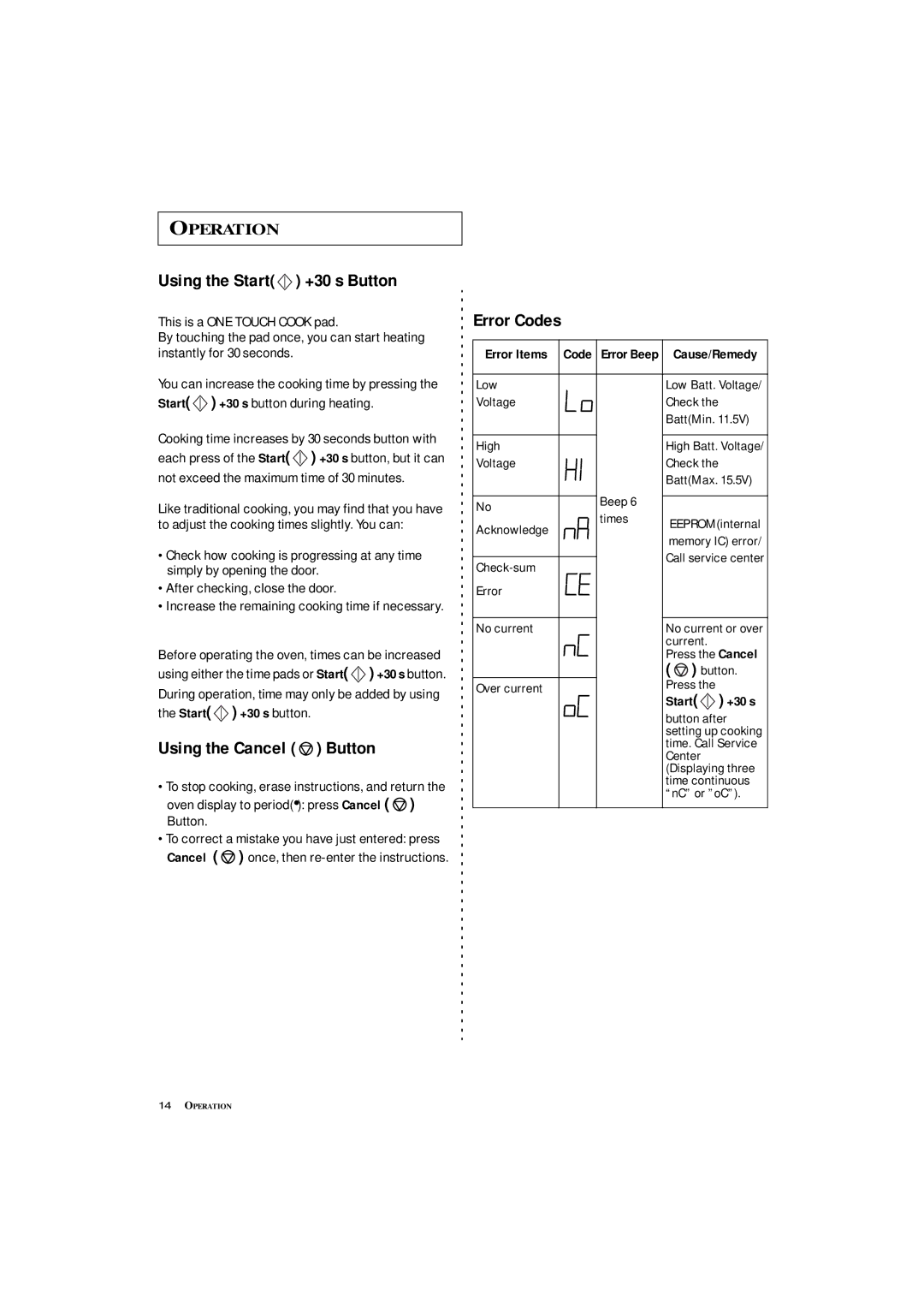 Samsung DE7711N owner manual Using the Start +30 s Button, Using the Cancel Button, Error Codes, Error Items 