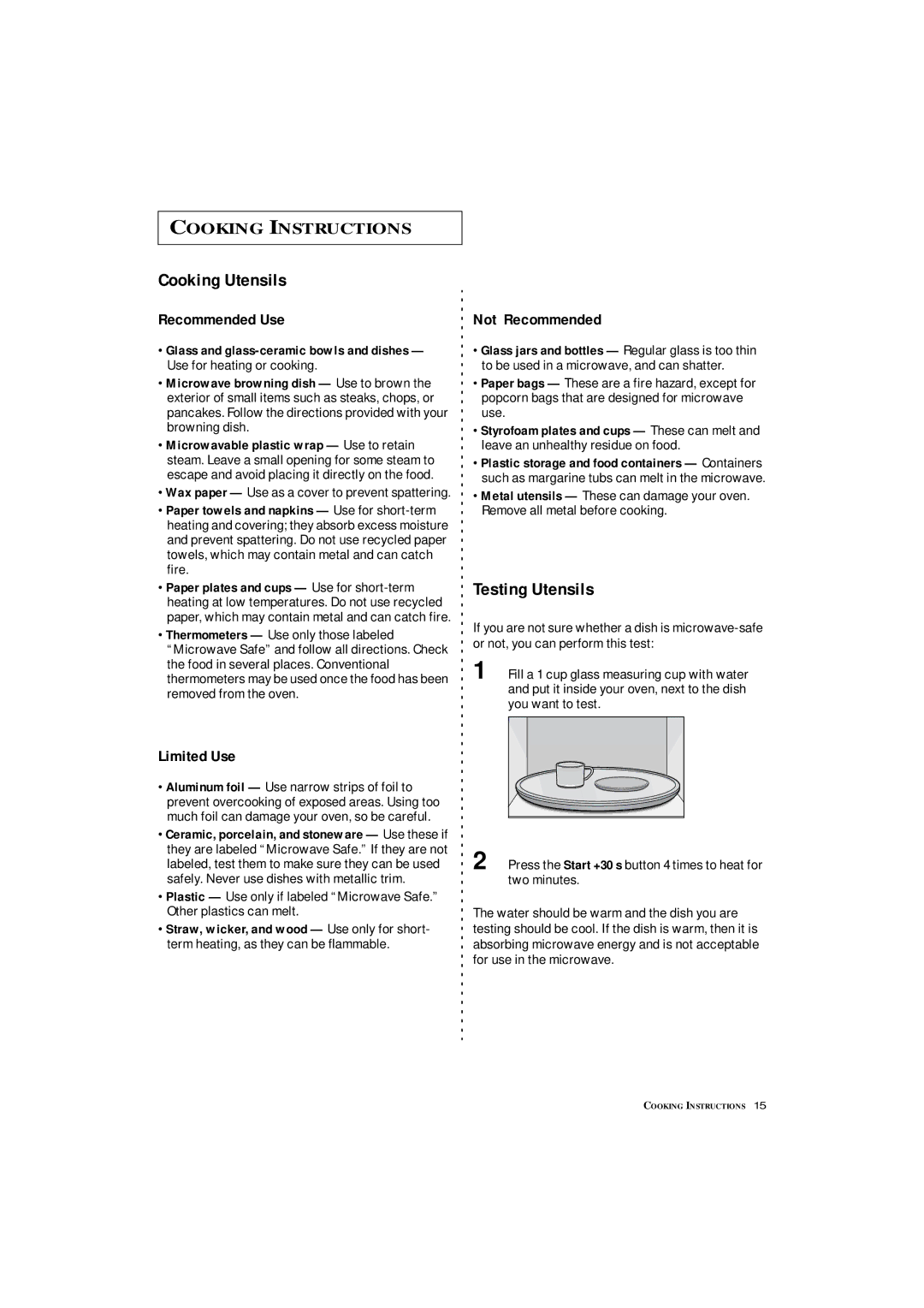 Samsung DE7711N owner manual Cooking Utensils, Testing Utensils 