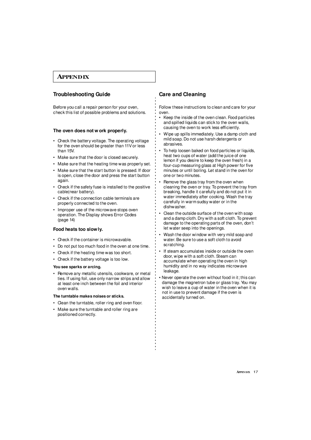 Samsung DE7711N Troubleshooting Guide, Care and Cleaning, You see sparks or arcing, Turntable makes noises or sticks 