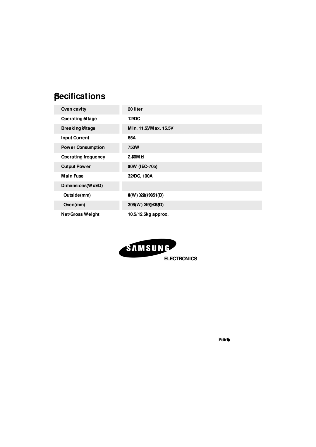 Samsung DE7711N owner manual Specifications 