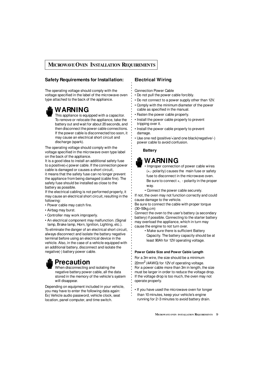 Samsung DE7711N owner manual Safety Requirements for Installation, Power Cable Size and Power Cable Length 