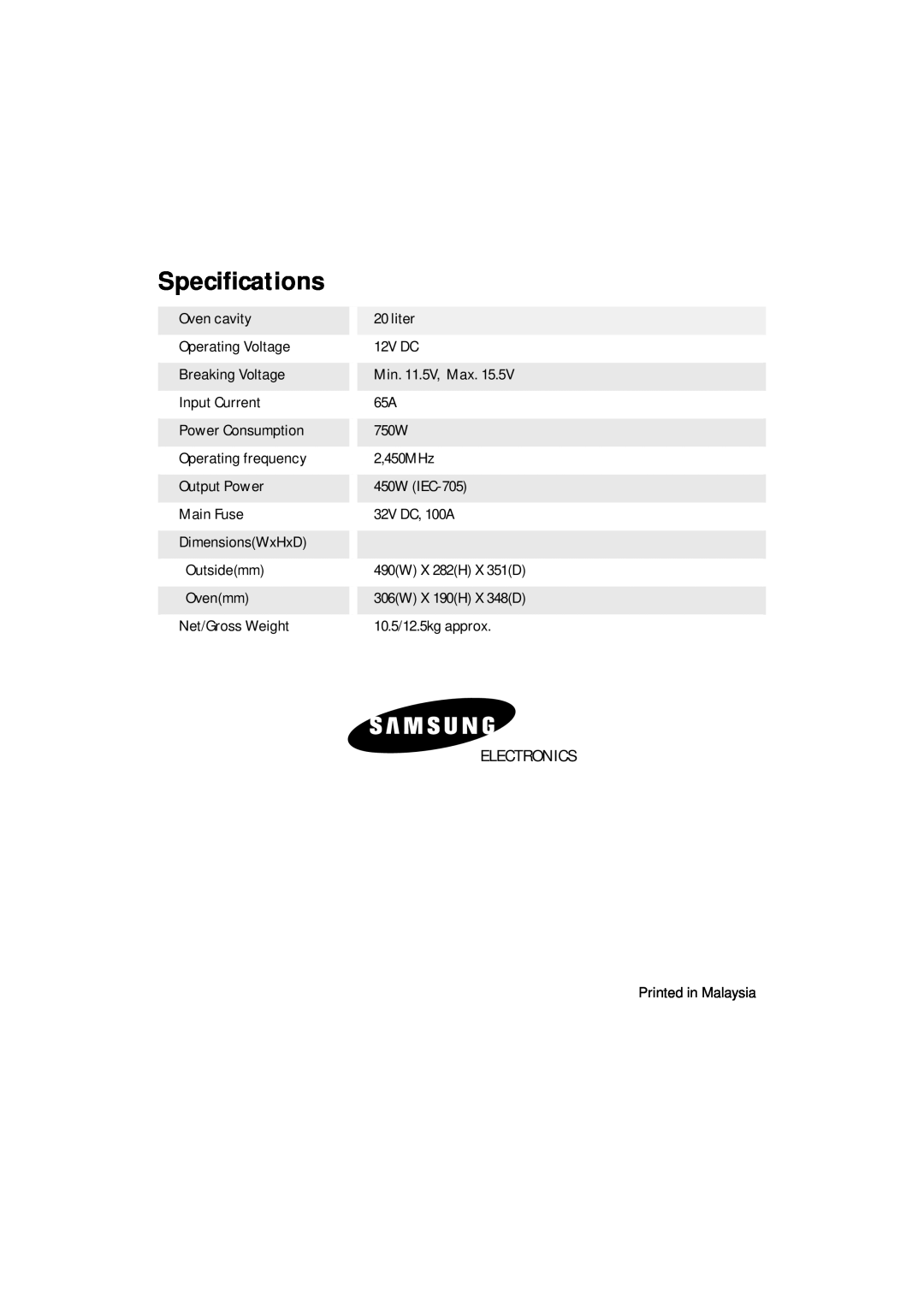 Samsung DE7711N owner manual Specifications, Electronics 