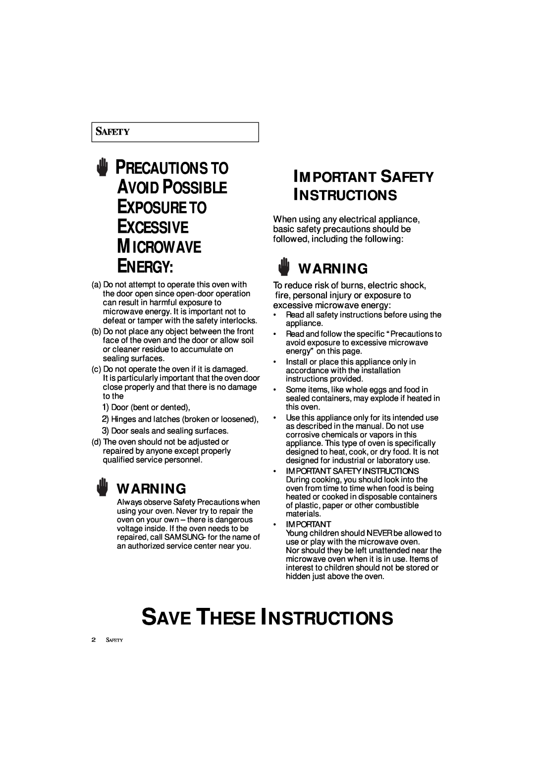 Samsung DE7711 Save These Instructions, Safety, Exposure To Excessive Microwave Energy, Precautions To Avoid Possible 