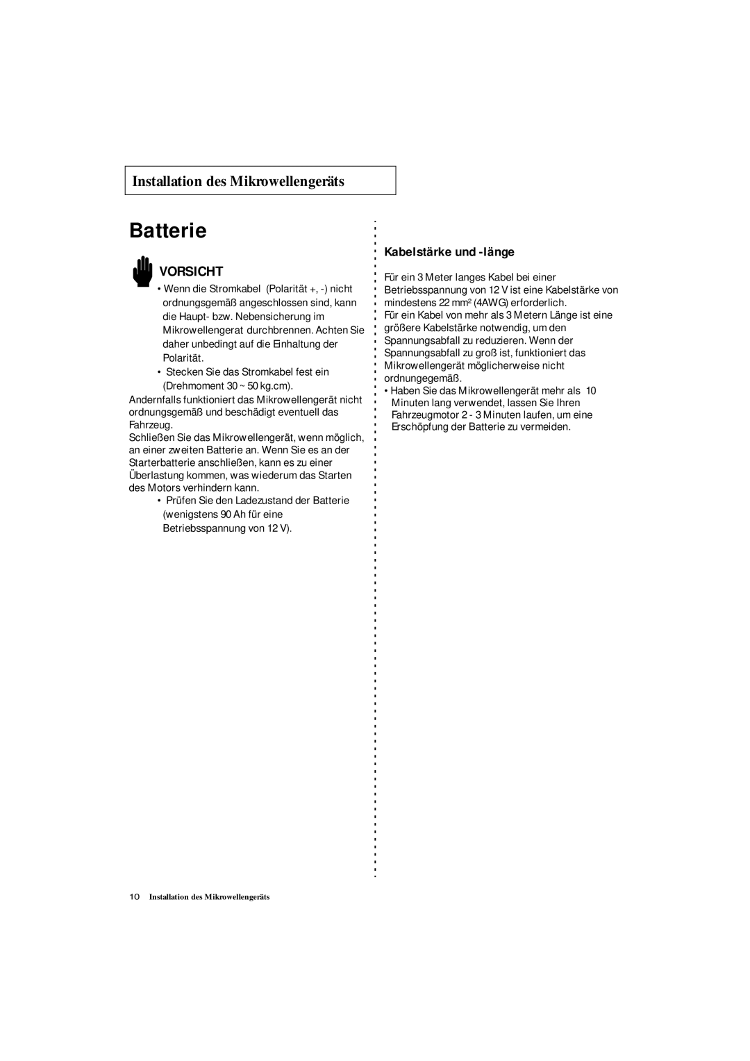 Samsung DE7711 manual Batterie, Kabelstärke und -länge 