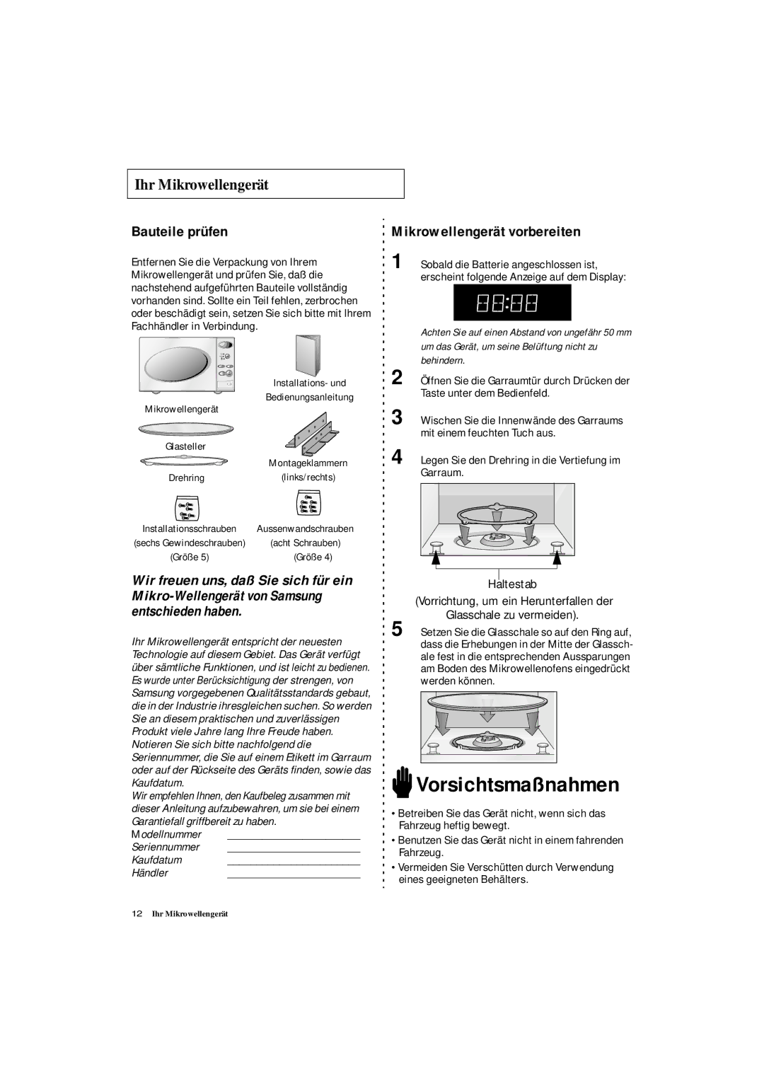 Samsung DE7711 manual Ihr Mikrowellengerät, Bauteile prüfen, Mikrowellengerät vorbereiten 