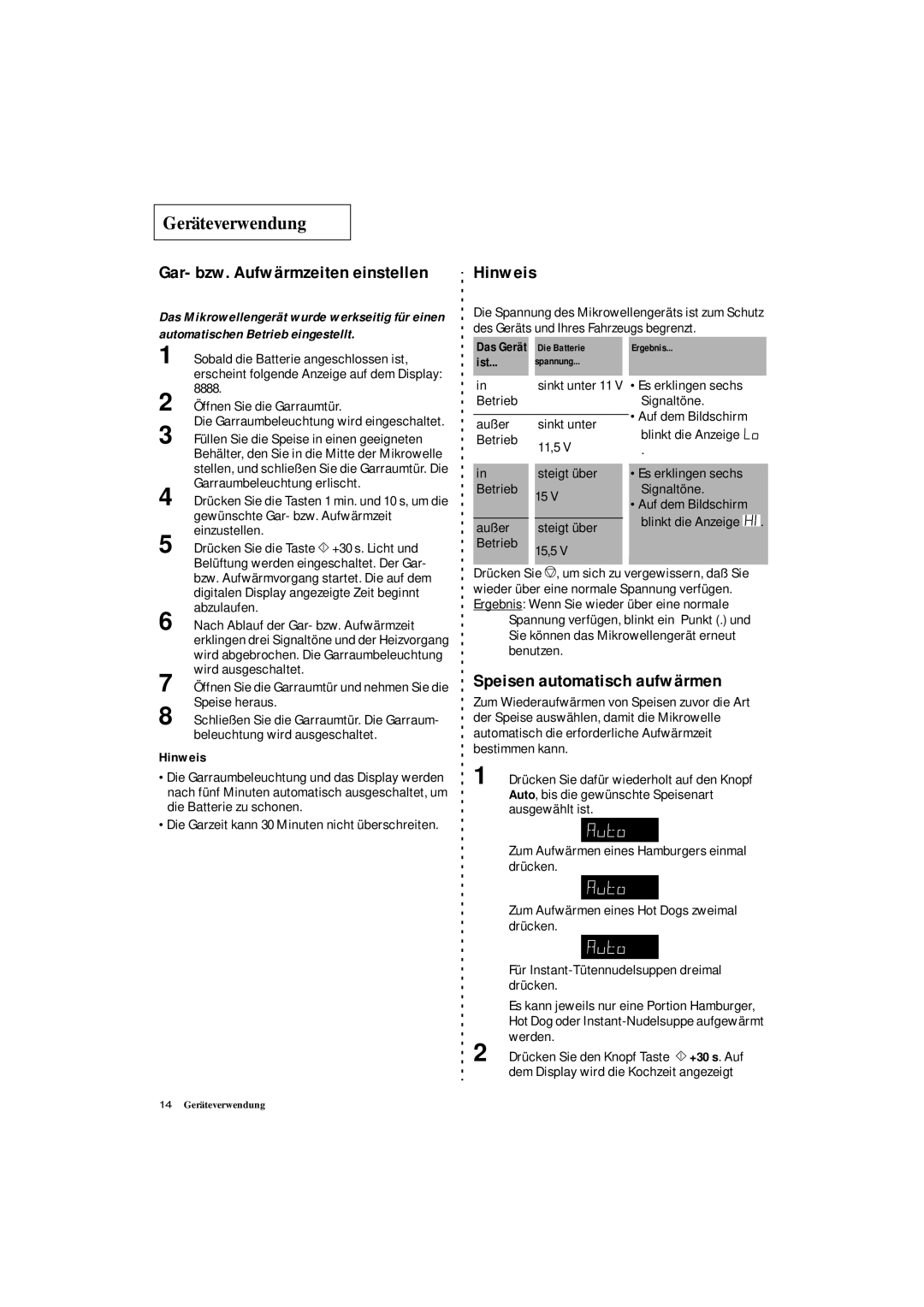 Samsung DE7711 manual Geräteverwendung, Gar- bzw. Aufwärmzeiten einstellen, Hinweis, Speisen automatisch aufwärmen 