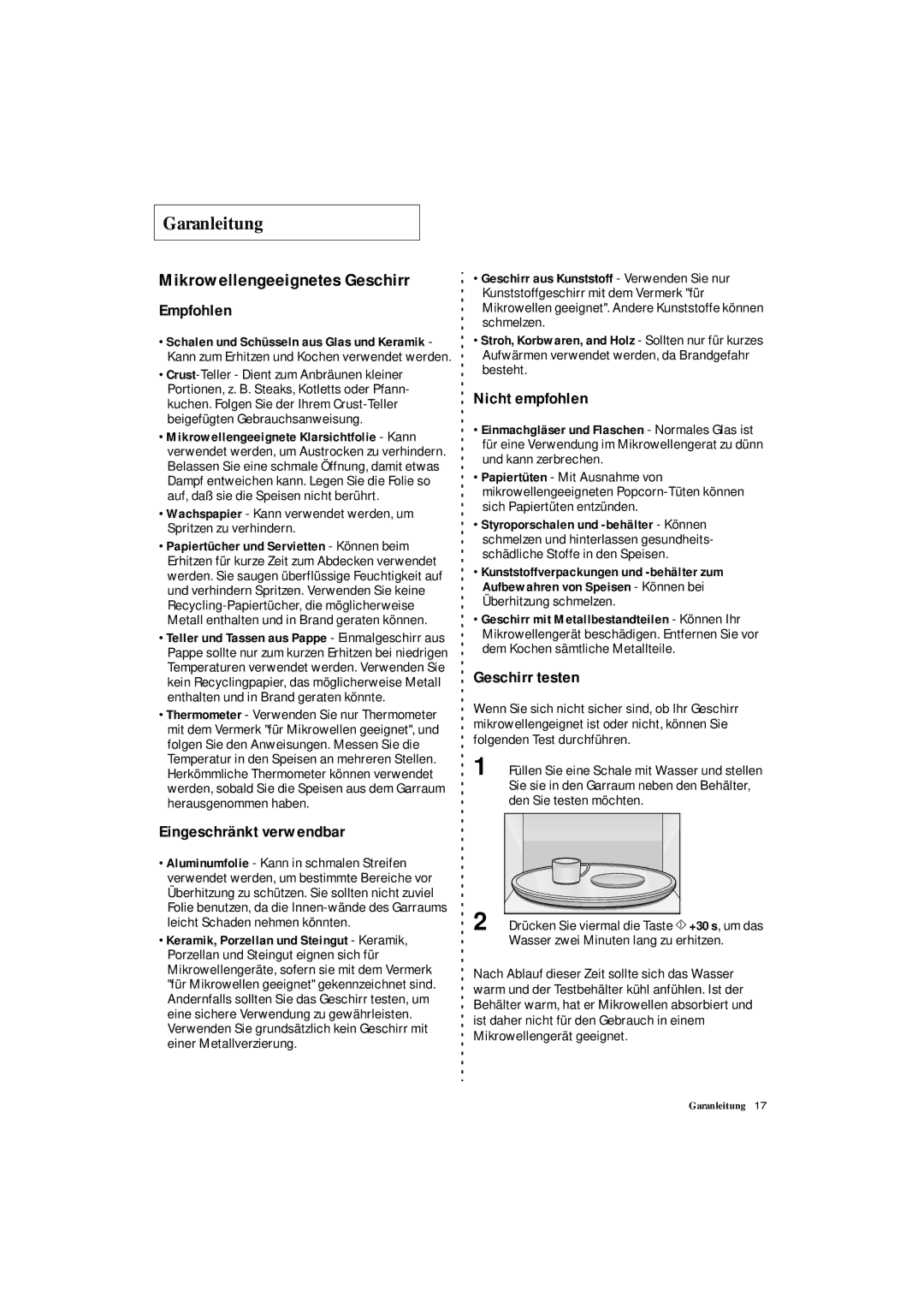 Samsung DE7711 manual Garanleitung, Mikrowellengeeignetes Geschirr 