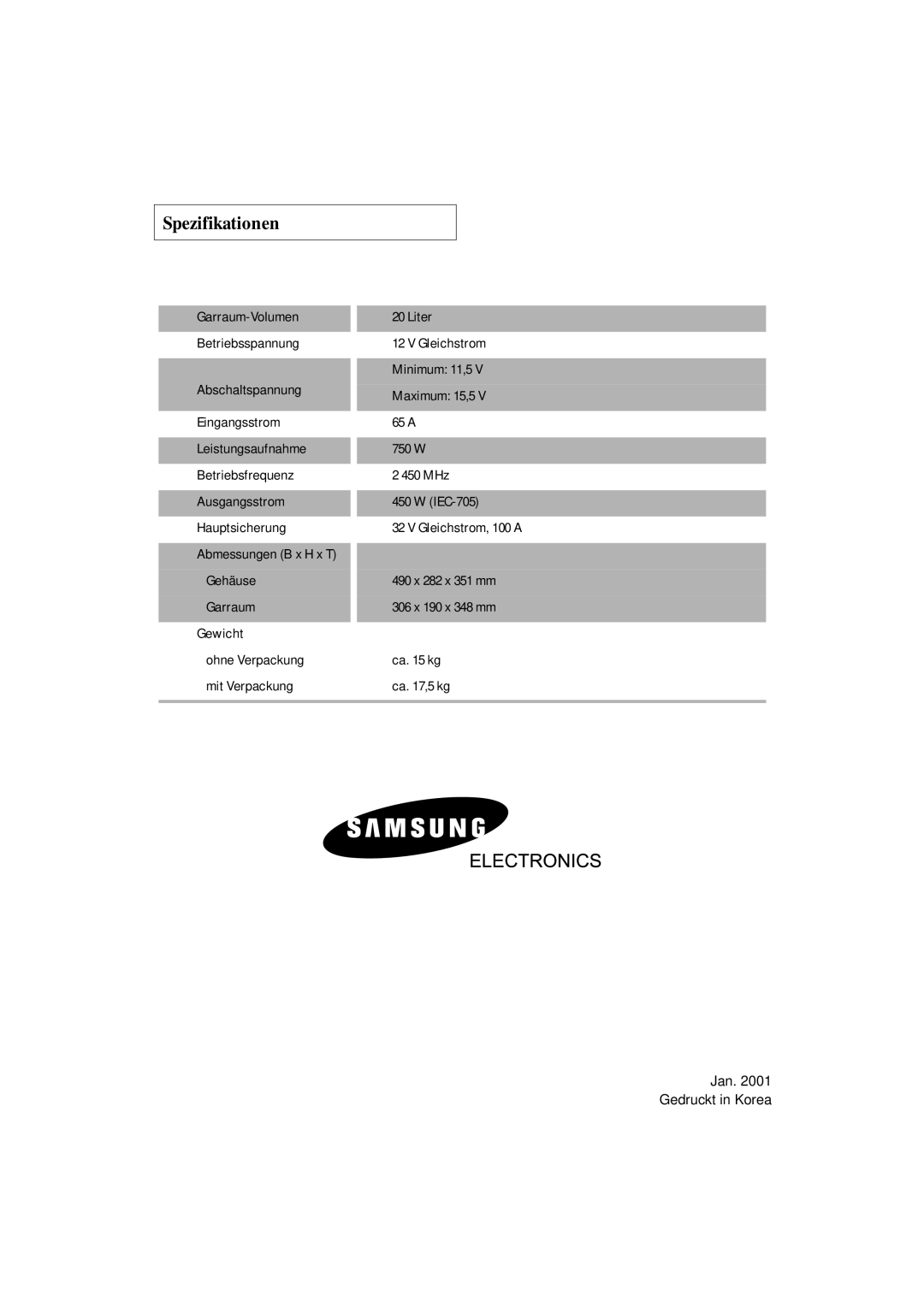 Samsung DE7711 manual Spezifikationen 