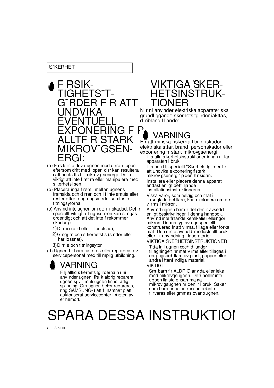 Samsung DE7711 manual Spara Dessa Instruktioner 