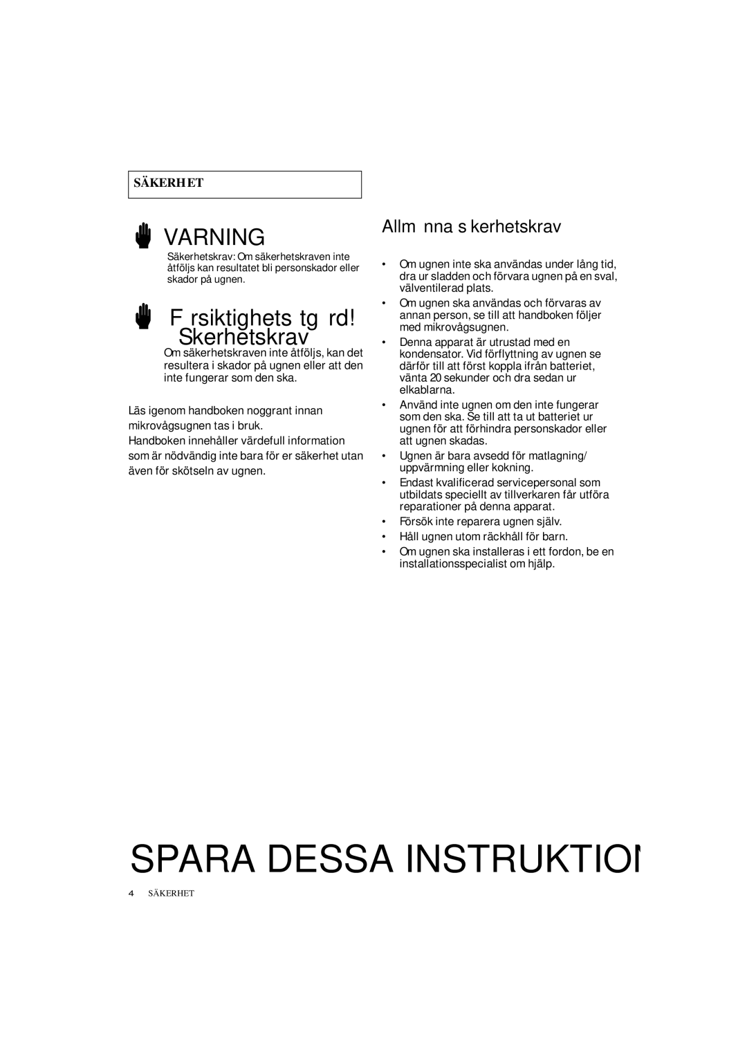 Samsung DE7711 manual Säkerhetskrav 