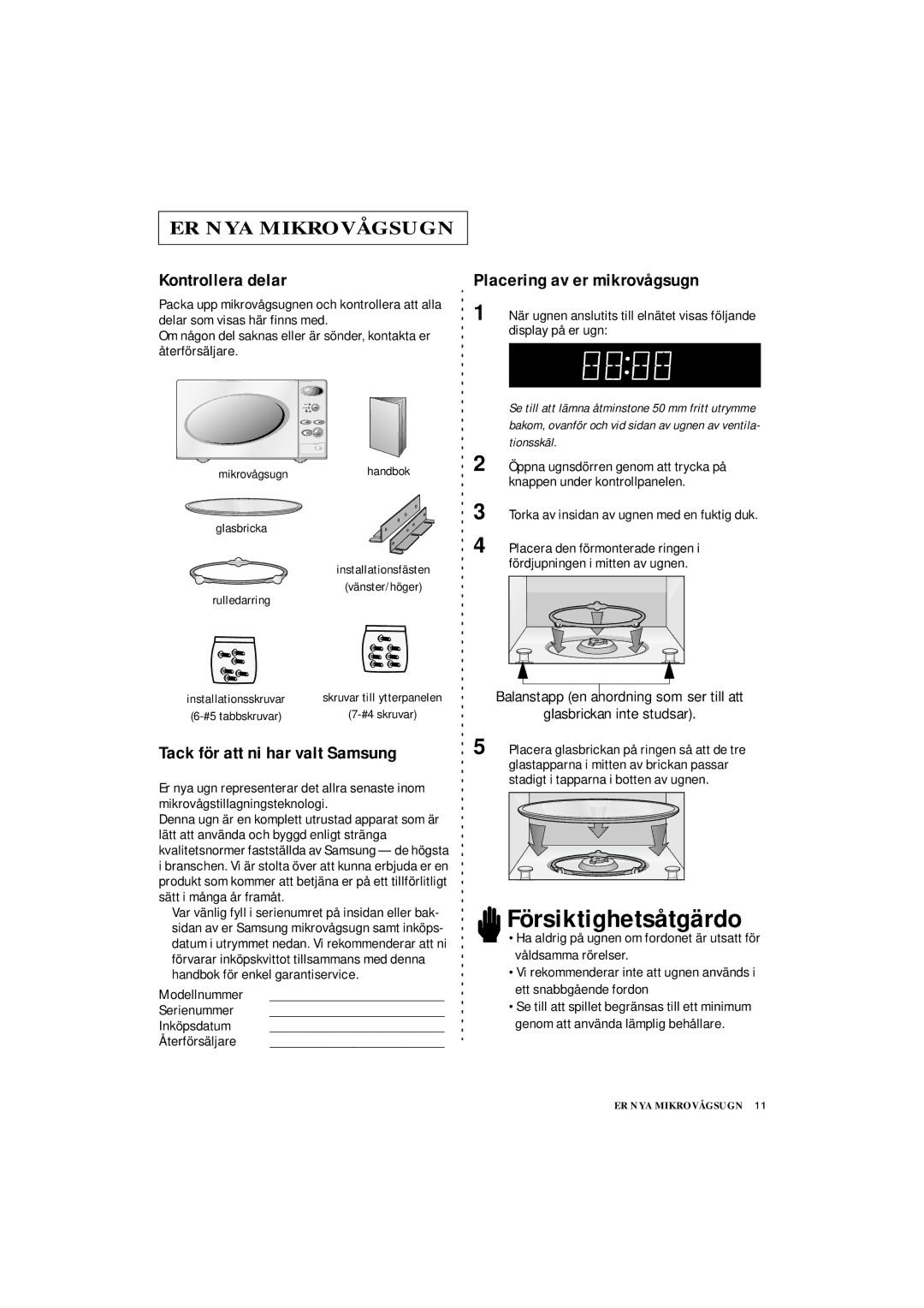 Samsung DE7711 manual Kontrollera delar, Tack för att ni har valt Samsung, Placering av er mikrovågsugn, Rulledarring 